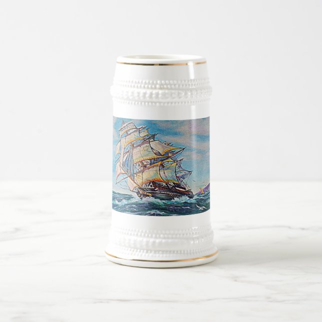 Sailboat on Rough Waters Oil Painting Beer Stein (Center)