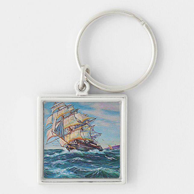 Sailboat on Rough Waters Oil Painting Key Ring (Front)