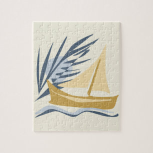 Sailboat on the background of the moon and palm tr jigsaw puzzle