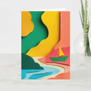 Sailboat On Vibrant Cut-Paper Seascape Card