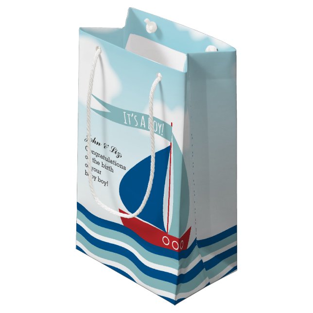 Sailboat on Water It's A Boy, Nautical New Baby Small Gift Bag (Front Angled)