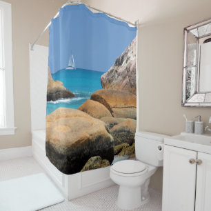 Sailboat Passing By the Beach  Shower Curtain