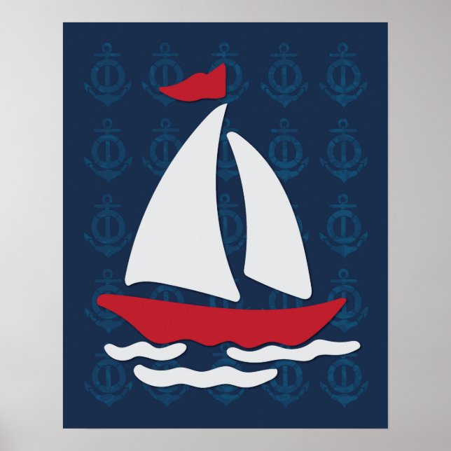 Sailboat - Red, White and Blue Nautical Wall Art (Front)