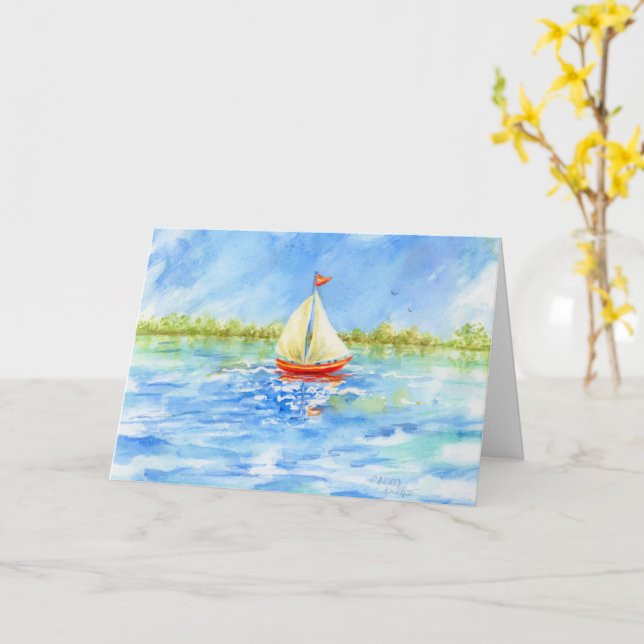 Sailboat Reflections Blank Note Greeting Card (Yellow Flower)