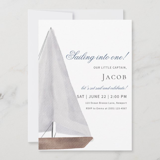 Sailboat "Sailing into One!" Birthday Invitation (Front)