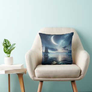 Sailboat Sailing on Moonlit Water Cushion