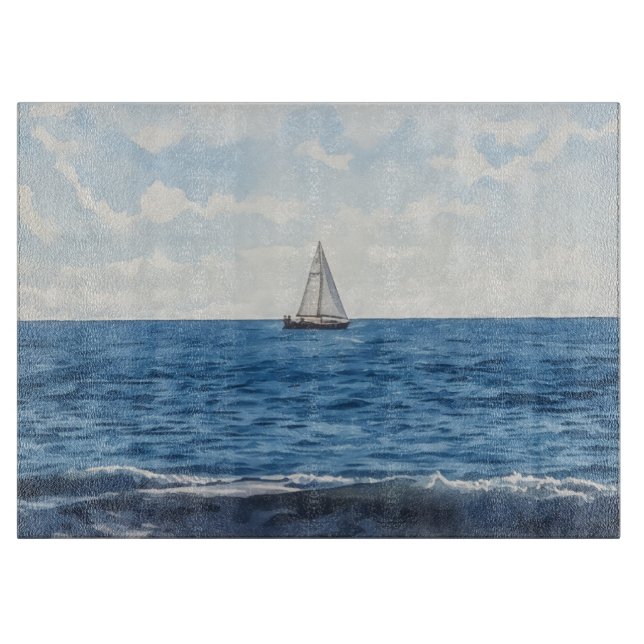 Sailboat Sailing on the Ocean Blue Glass Cutting Board (Front)