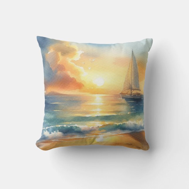 Sailboat Sunset Ocean Watercolors Cushion (Front)