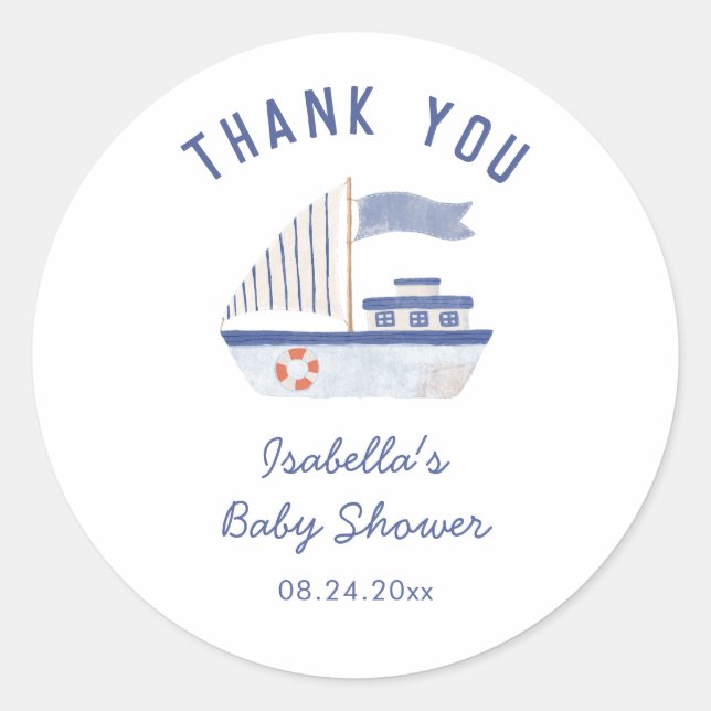 Sailboat Thank You Boy Baby Shower Classic Round Sticker (Front)