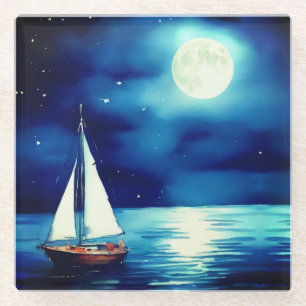 Sailboat Under a Full Moon Glass Coaster