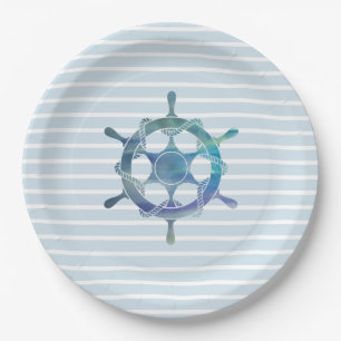 Sailboat Wheel Nautical Ocean Blue Stripe Paper Plate