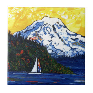 Sailboat with Mt Rainier Tile
