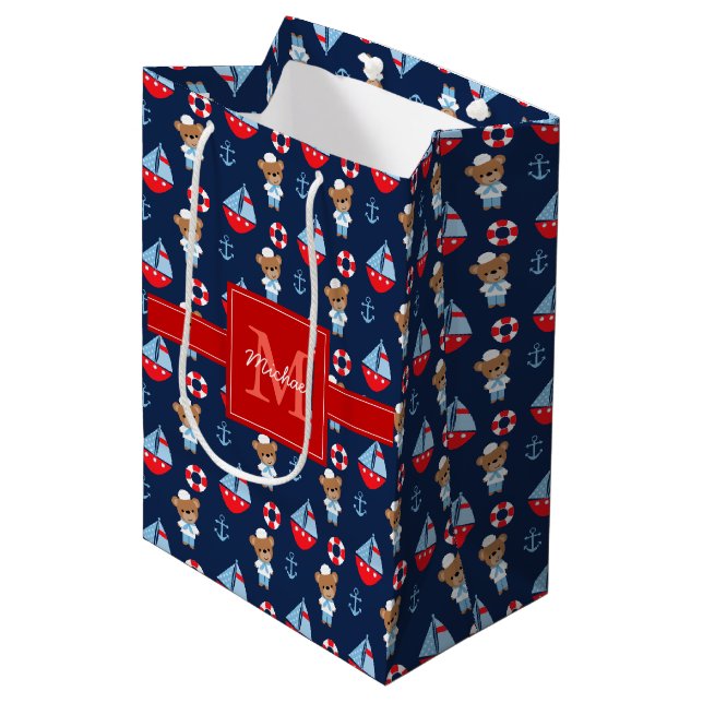 Sailboats and Bears Pattern Monogrammed Medium Gift Bag (Front Angled)