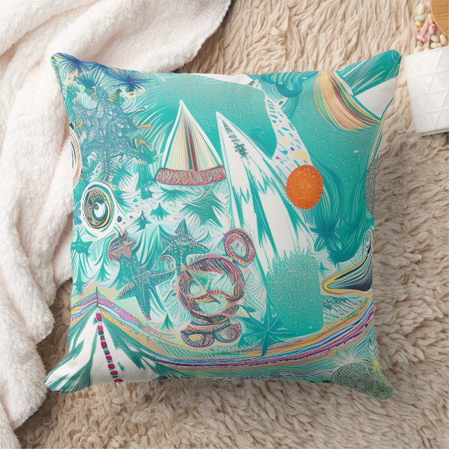 Sailboats and Sea Creatures Abstract Beachy Art Cushion (Blanket)
