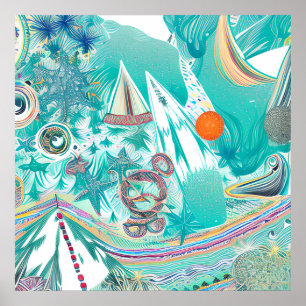 Sailboats and Sea Creatures Abstract Beachy Art Poster