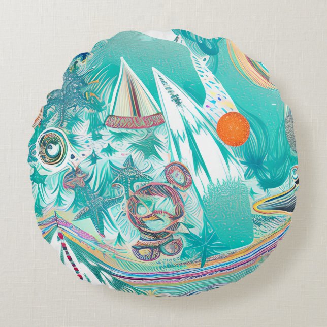 Sailboats and Sea Creatures Abstract Beachy Art Round Cushion (Front)
