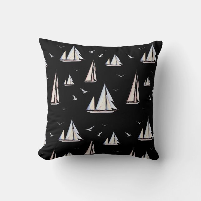 Sailboats and Seagulls on Black Cushion (Front)