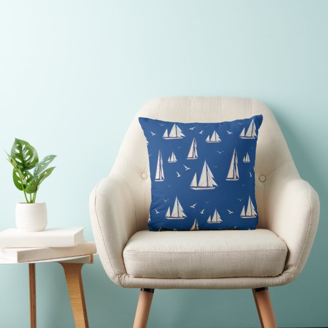 Sailboats and Seagulls on Blue Cushion (Chair)