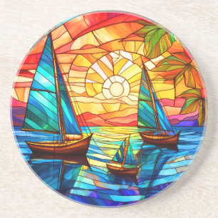 sailboats and sunsets stained glass art coaster