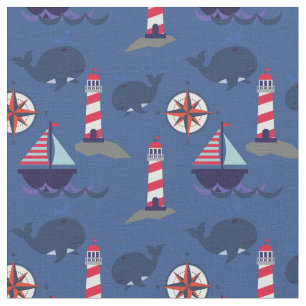 Sailboats and Whales   Lighthouses Nautical Fabric