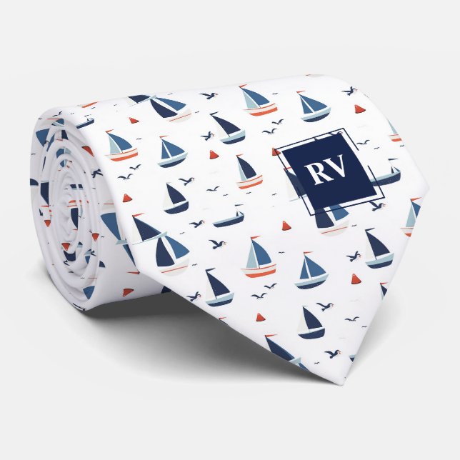 Sailboats at Sea Monogrammed Tie (Rolled)
