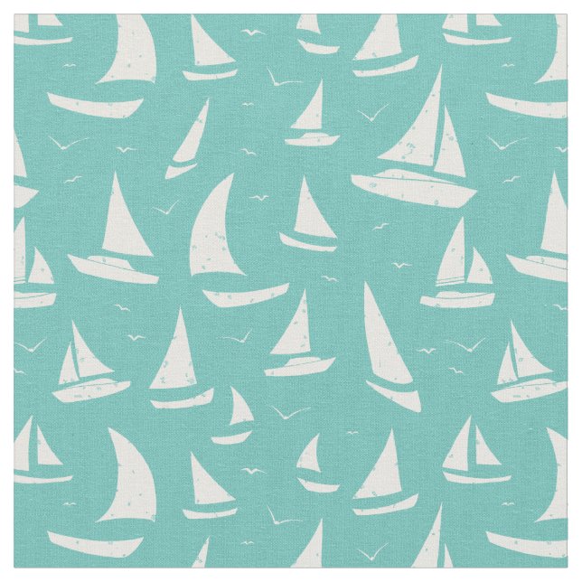 Sailboats Blue White Nautical Pattern Fabric (Close Up)