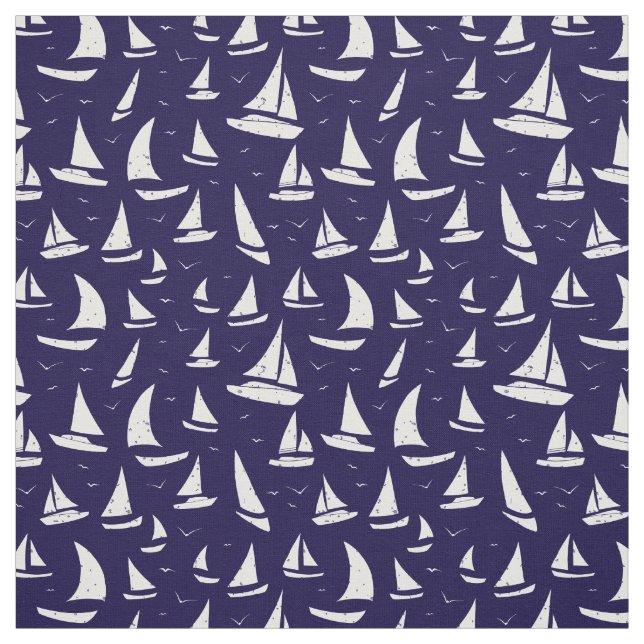 Sailboats Blue White Nautical Pattern Fabric (Swatch)