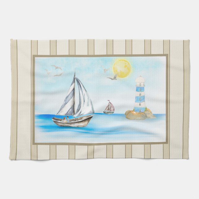 Sailboats in a Blue Ocean Kitchen Towel (Horizontal)