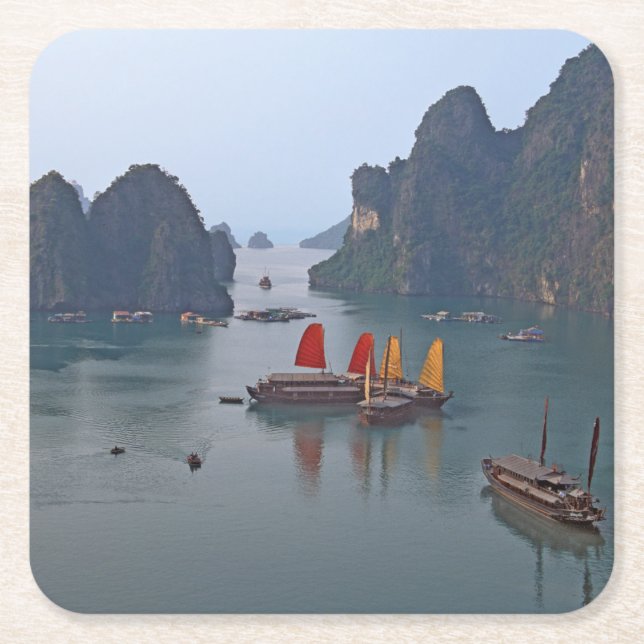 Sailboats in Ha Long Bay - Vietnam, Asia Square Paper Coaster (Front)