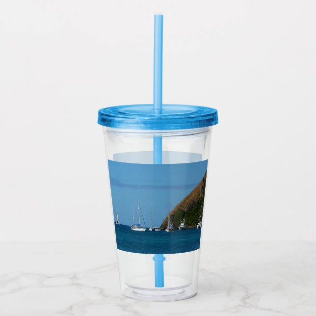 Sailboats in the Bay White and Blue Nautical Acrylic Tumbler (Front)