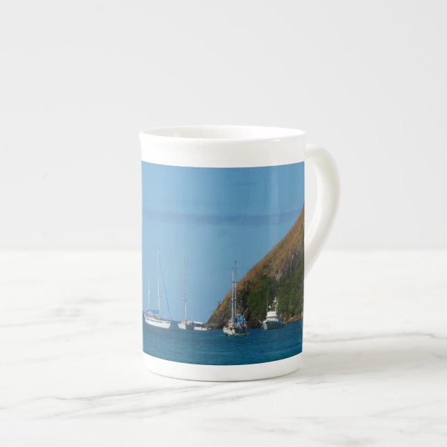 Sailboats in the Bay White and Blue Nautical Bone China Mug (Front Right)
