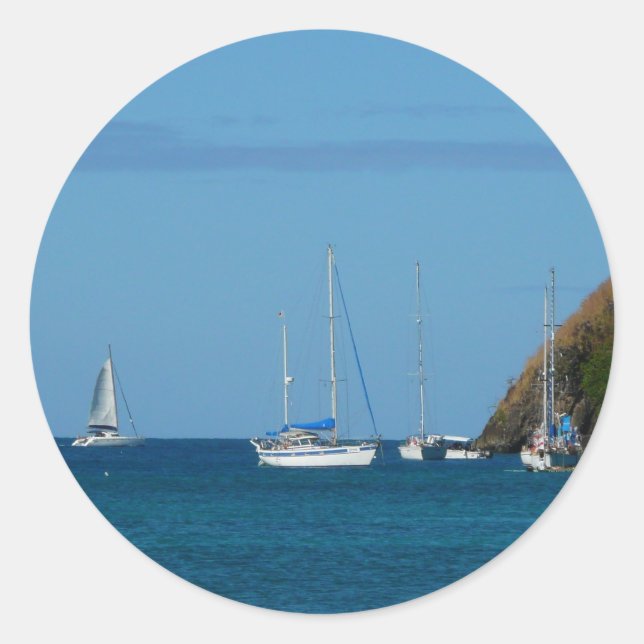 Sailboats in the Bay White and Blue Nautical Classic Round Sticker (Front)