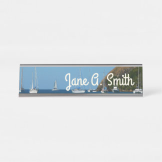 Sailboats in the Bay White and Blue Nautical Desk Name Plate