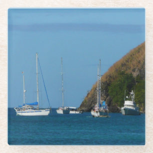 Sailboats in the Bay White and Blue Nautical Glass Coaster