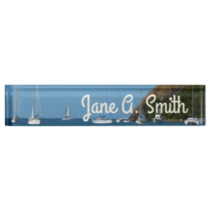 Sailboats in the Bay White and Blue Nautical Nameplate