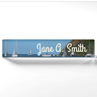Sailboats in the Bay White and Blue Nautical Nameplate