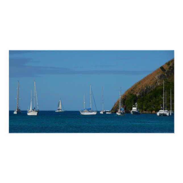 Sailboats in the Bay White and Blue Nautical Poster (Front)