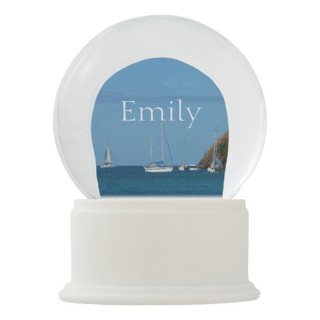 Sailboats in the Bay White and Blue Nautical Snow Globe (Front)