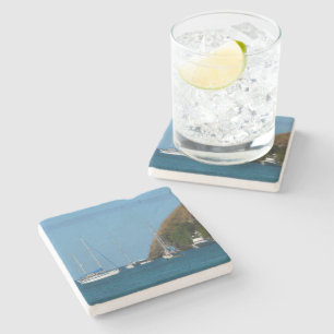 Sailboats in the Bay White and Blue Nautical Stone Coaster