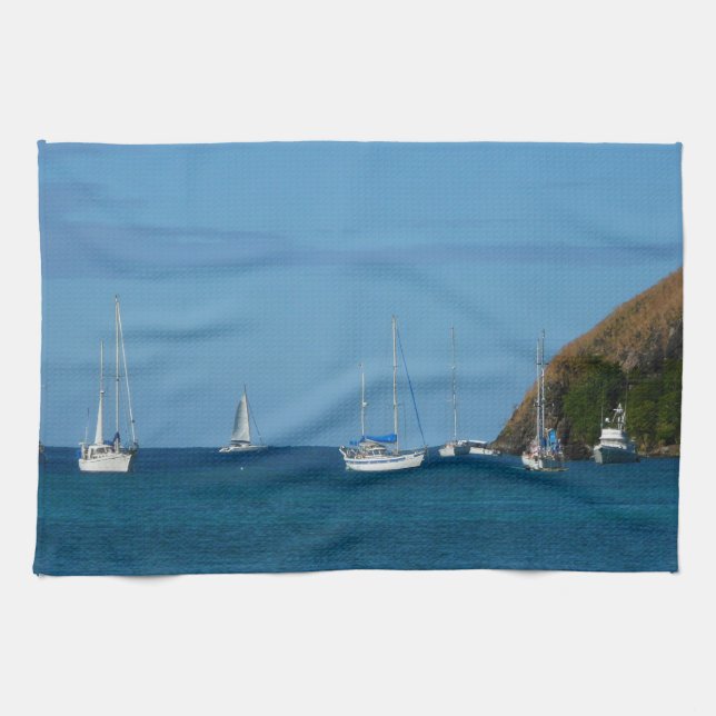 Sailboats in the Bay White and Blue Nautical Tea Towel (Horizontal)