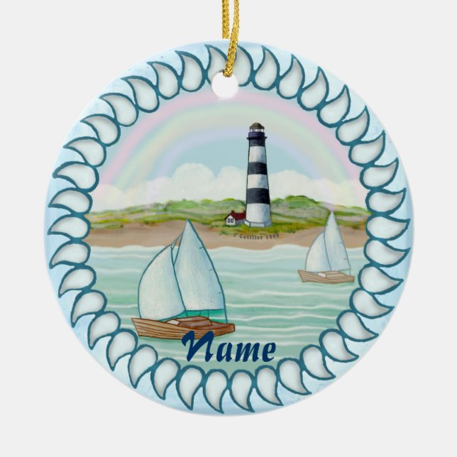 Sailboats Lighthouse Ceramic Tree Decoration (Front)