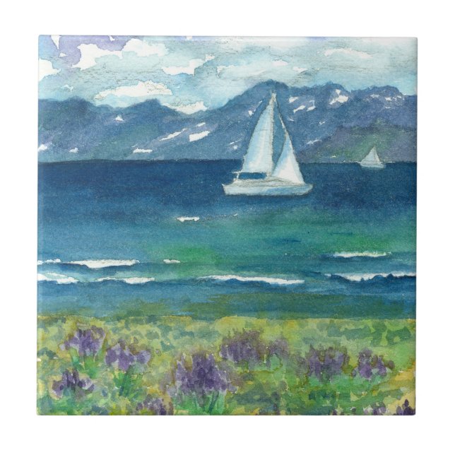 Sailboats Mountain Lake Purple Watercolor Lupines Tile (Front)