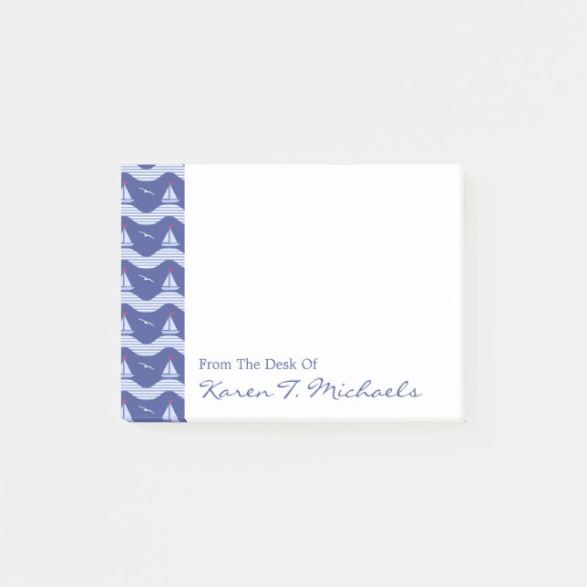 Sailboats On A Striped Sea Pattern | Add Your Name Post-it Notes (Front)