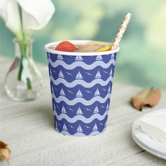 Sailboats On A Striped Sea Pattern Paper Cups (Insitu)