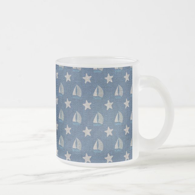 Sailboats on Blue Linen Frosted Glass Coffee Mug (Right)