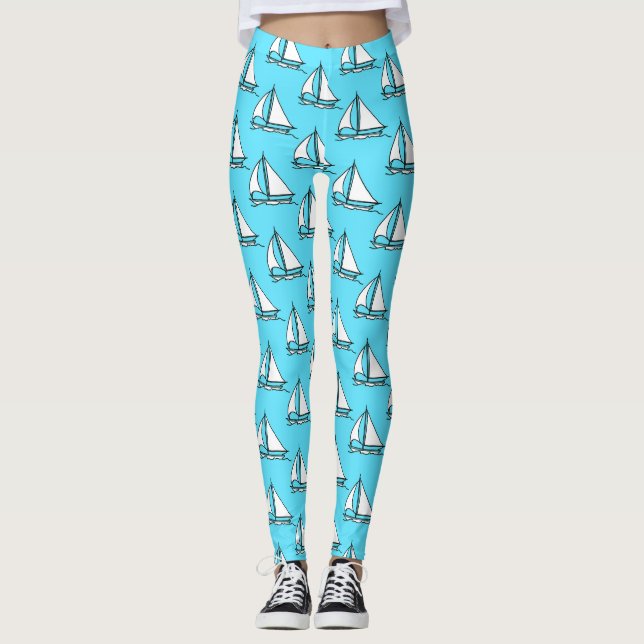 Sailboats On Blue Sea Pattern Leggings (Front)