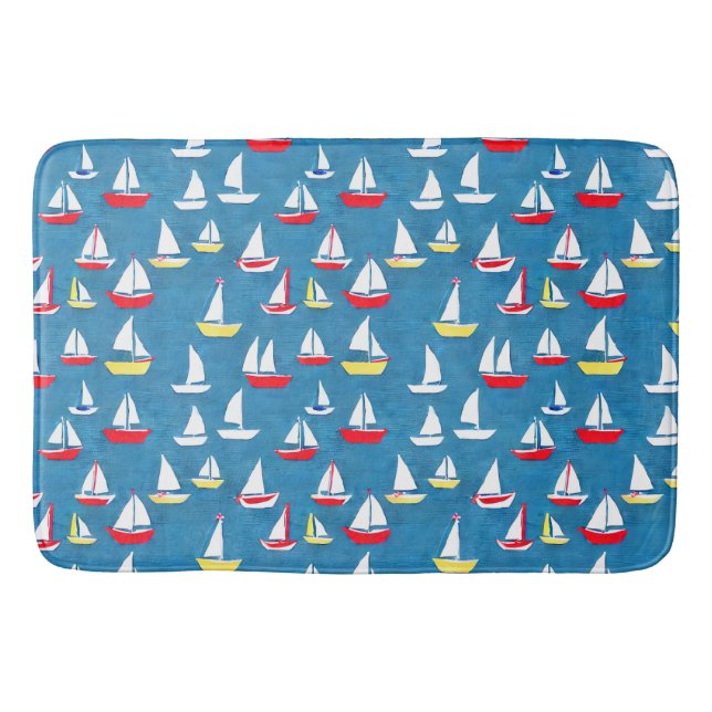 Sailboats Pattern Blue Bath Mat (Front)