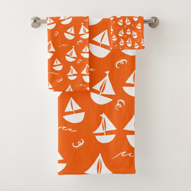 Sailboats Pattern Red White Bath Towel Set (Insitu)