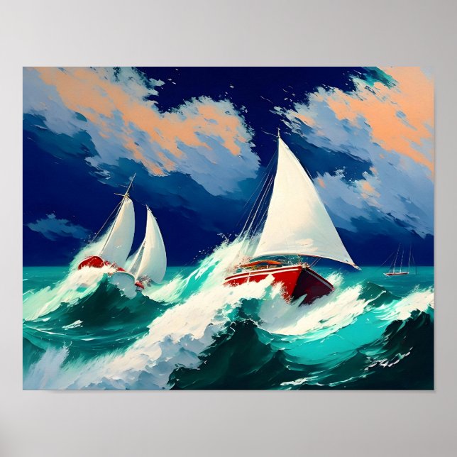 Sailboats Racing in Heavy Seas Poster (Front)