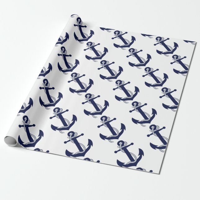 Sailing Anchor Navy Wrapping Paper (Unrolled)